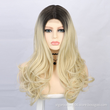 Vigorous Wholesale Hot Selling Long Body Wave Ombre Blonde Middle Part Small Part Lace For Black Women Synthetic Hair Wigs